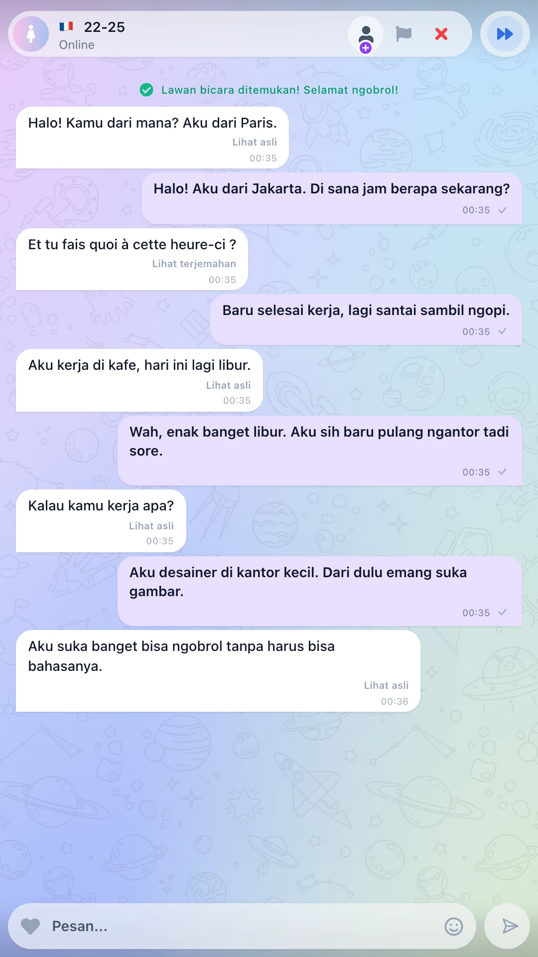 Chat teks dengan terjemahan